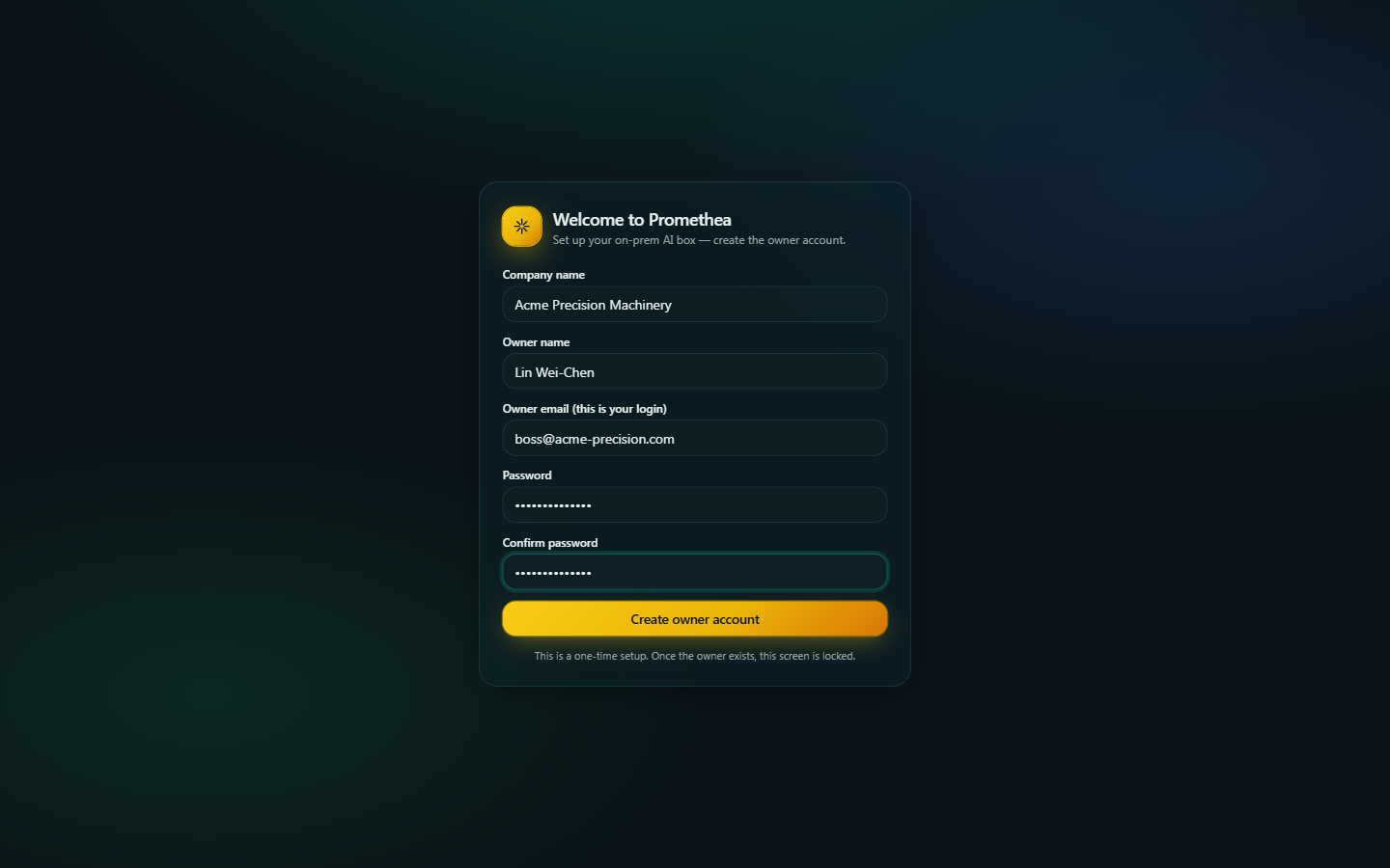 Promethea first-run setup screen with company name, owner name, owner email, and password fields.