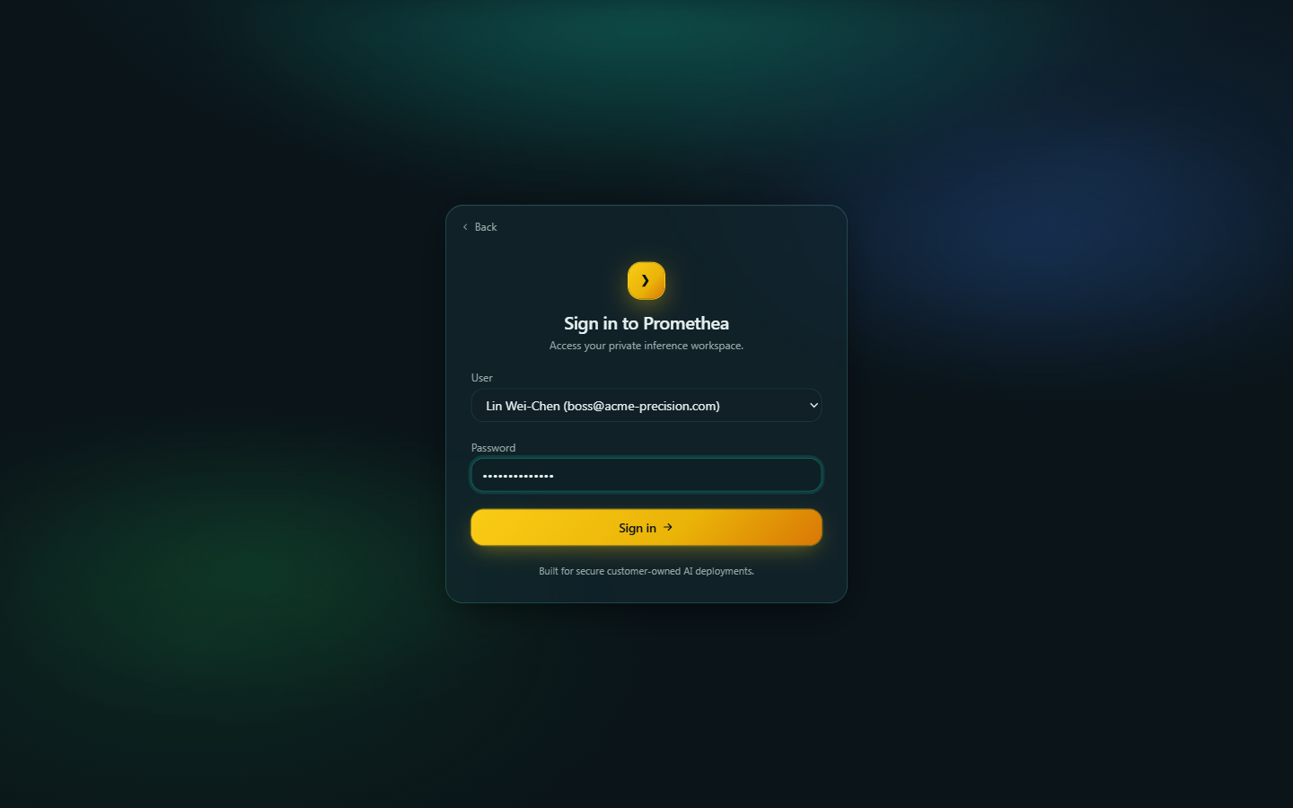 Promethea sign-in screen with the newly created owner account selected.