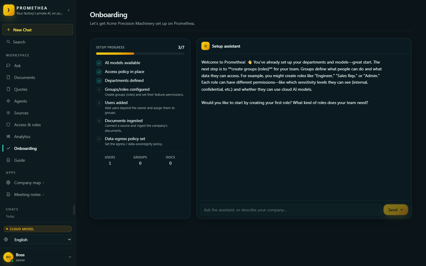 Promethea Onboarding page showing a 3-of-7 setup checklist on the left and the Setup assistant chat on the right.