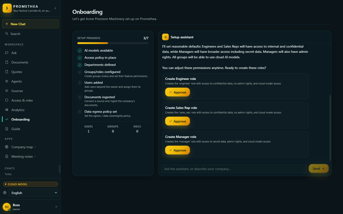 The Setup assistant proposing three group-creation actions, each with its own Approve button.